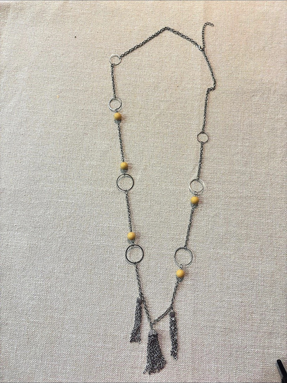 Layered Tassel Necklace in Silver Tone & yellow beads